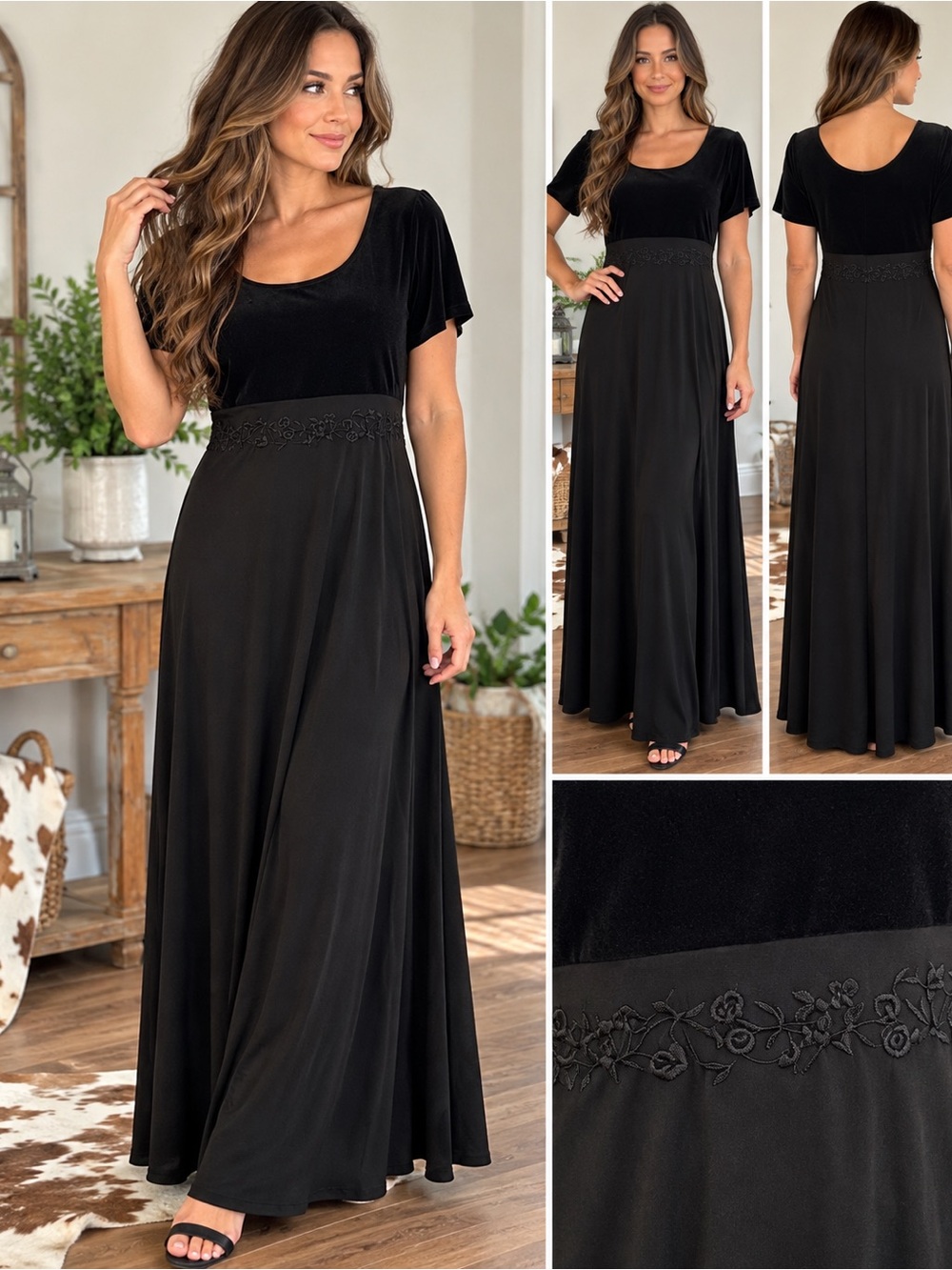 Liz Claiborne Womens XL Black Maxi Dress Embroidered Waist Short Sleeve Elegant